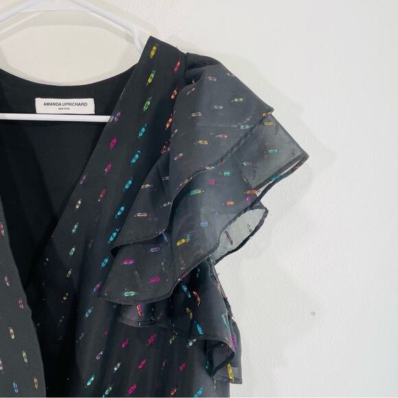 Amanda Uprichard Sycamore Black Multicolor Metallic Flutter Sleeve Bodysuit Med - Picture 5 of 15
